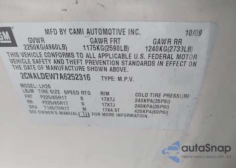 2010 Chevrolet Equinox Lt z USA, uszkodzony, nr VIN 2CNALDEW7A6252316